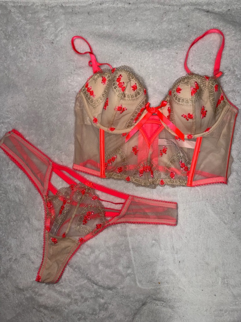 Victoria's Secret Nude and Neon Coral Sheer Embroidered Bustier & Thong Set (L)
